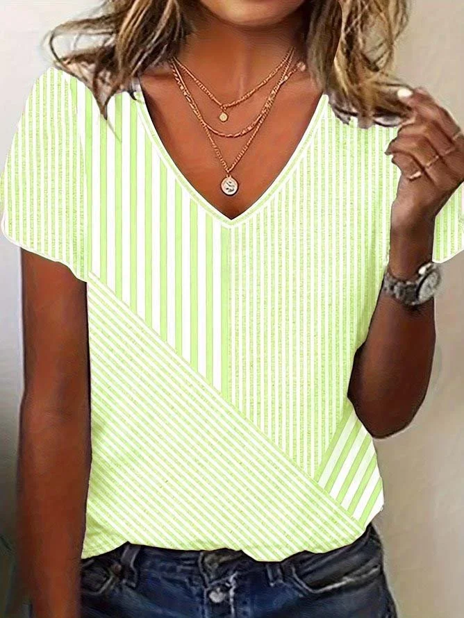 Vintage Striped V Neck Short Sleeve T-shirt