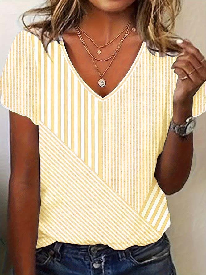 Vintage Striped V Neck Short Sleeve T-shirt