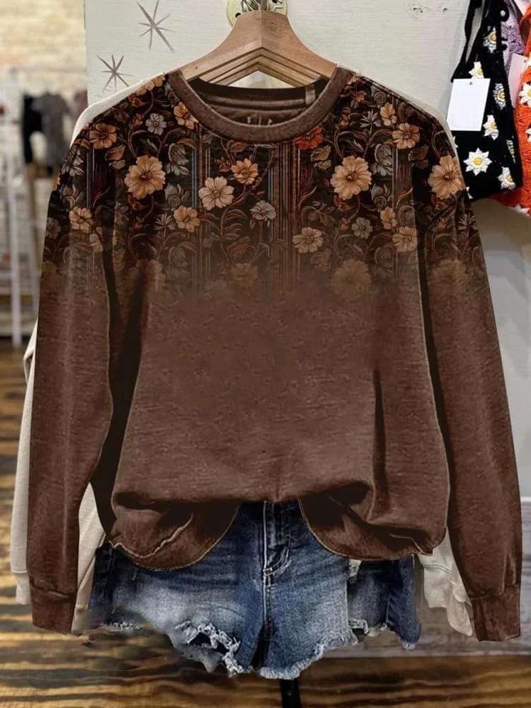Casual Crew Neck Floral Sweatshirt Printing