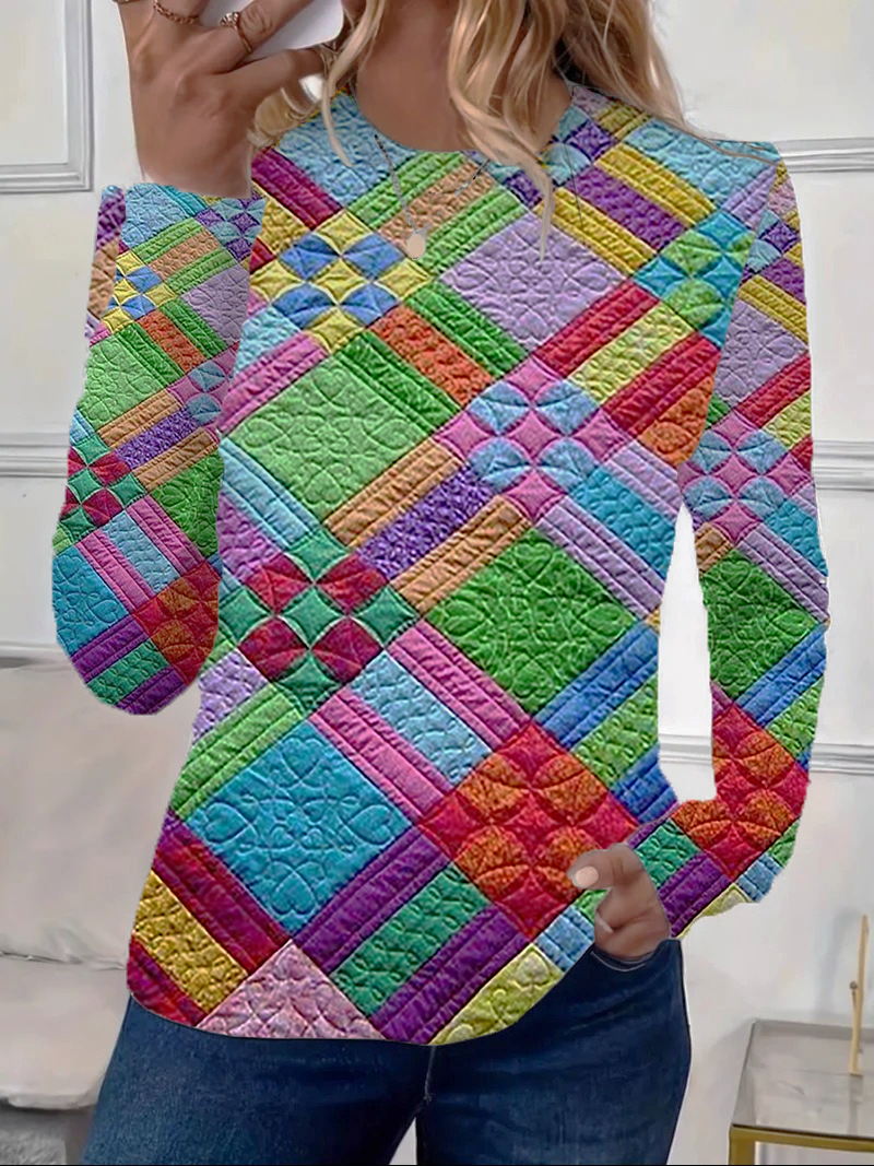 Casual Geometric Crew Neck Long Sleeve T-shirt