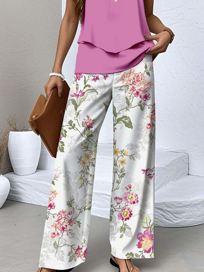 Women Floral Two-Piece Set Daily Sleeveless Casual Summer Top With Pants Matching Set