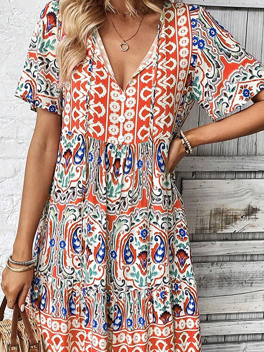 Women Floral Summer Printing Dress V Neck Short Sleeve A-Line Dress