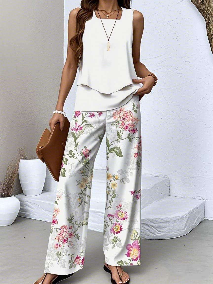 Women Floral Two-Piece Set Daily Sleeveless Casual Summer Top With Pants Matching Set