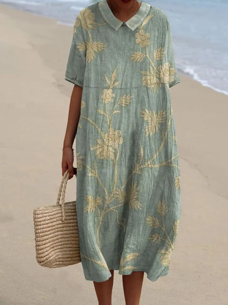 Women Floral Crew Neck Half Sleeve Comfy Casual Maxi Dress