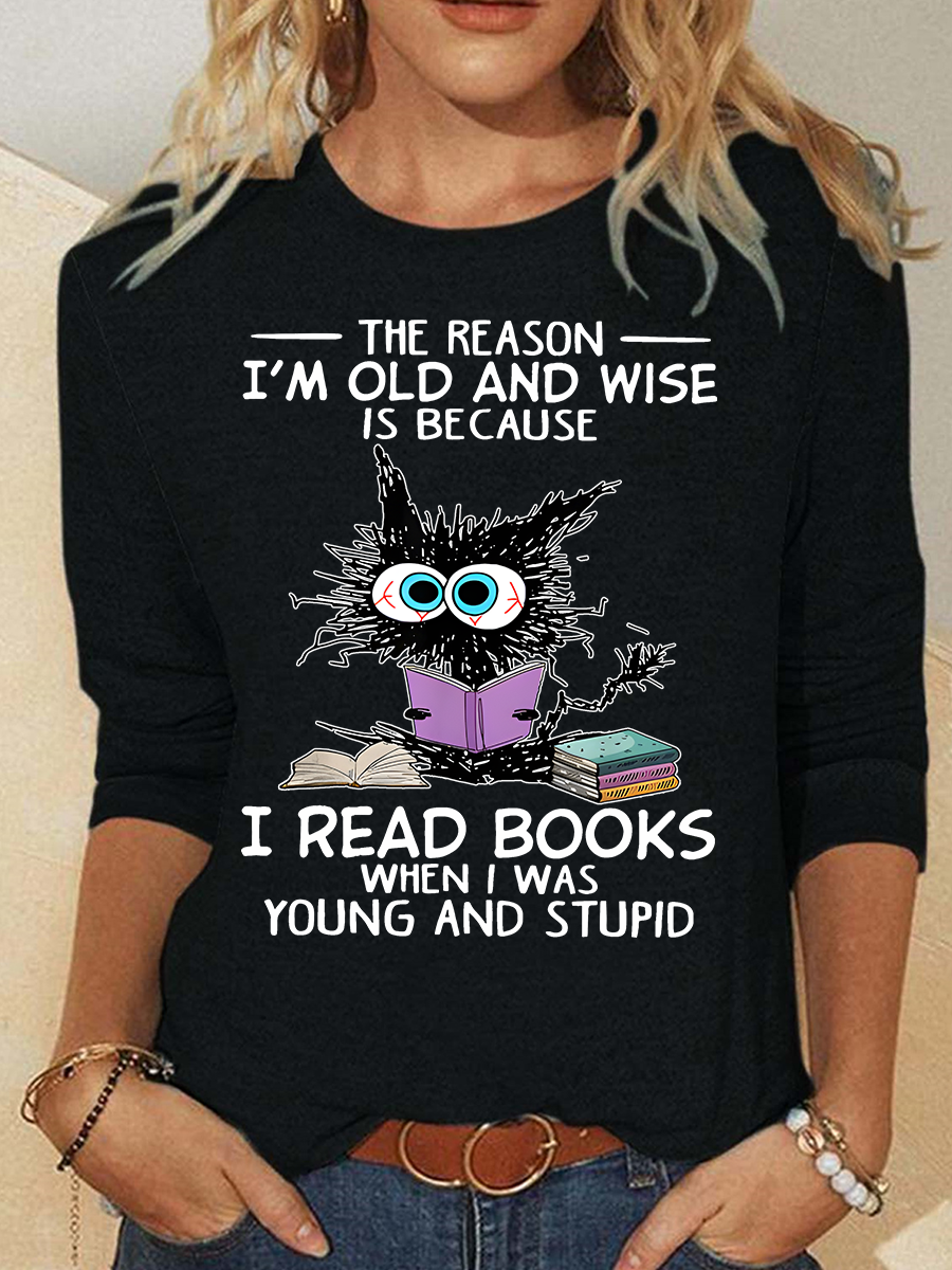 Crew Neck Long Sleeve Cat Regular Medium Elasticity Loose Blouse For Women