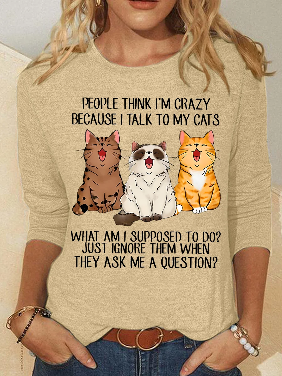 Crew Neck Long Sleeve Cat Regular Medium Elasticity Loose Blouse For Women
