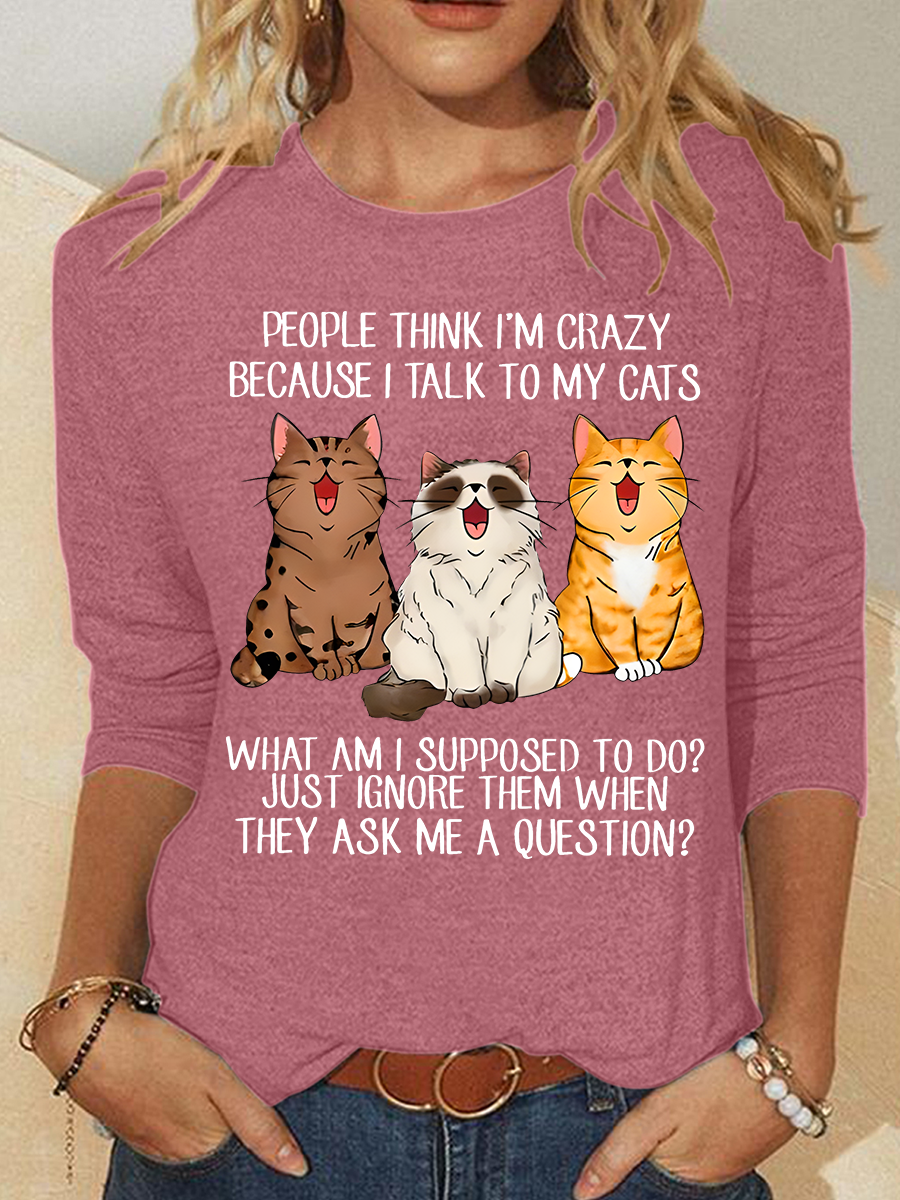 Crew Neck Long Sleeve Cat Regular Medium Elasticity Loose Blouse For Women