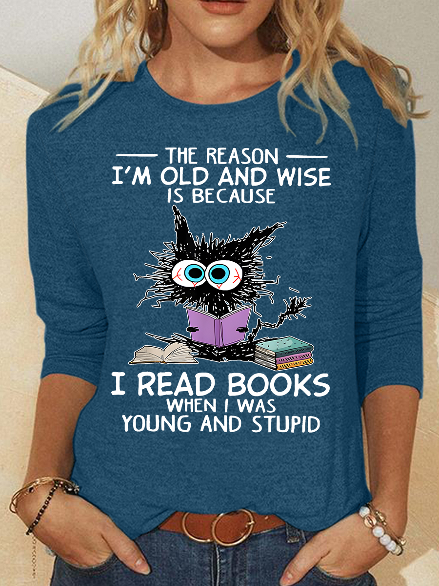 Crew Neck Long Sleeve Cat Regular Medium Elasticity Loose Blouse For Women