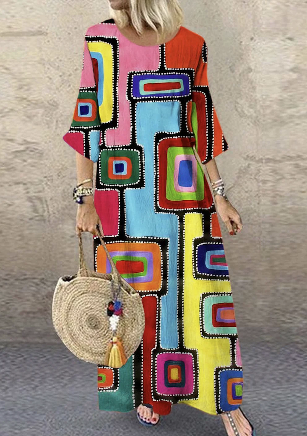 Women Geometric Crew Neck Short Sleeve Comfy Vintage Maxi Dress