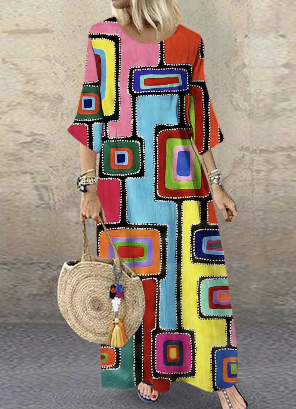 Women Geometric Crew Neck Short Sleeve Comfy Vintage Maxi Dress