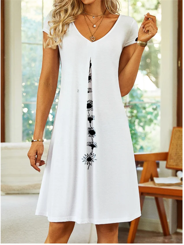 Women Sundress Floral V Neck Short Sleeve Comfy Casual Printing Knee Length Dress