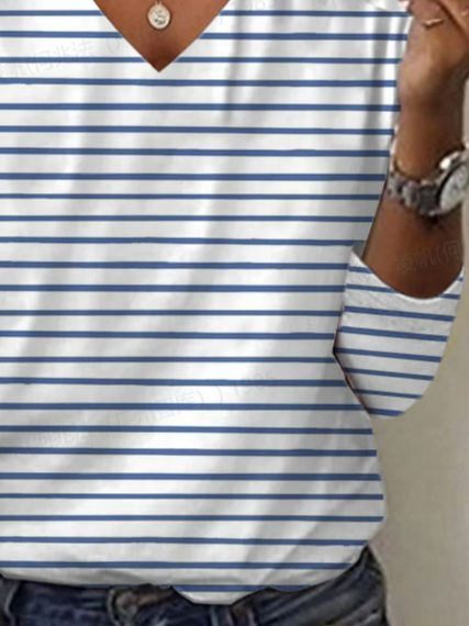 Casual Striped V Neck Long Sleeve T-shirt
