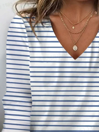 Casual Striped V Neck Long Sleeve T-shirt