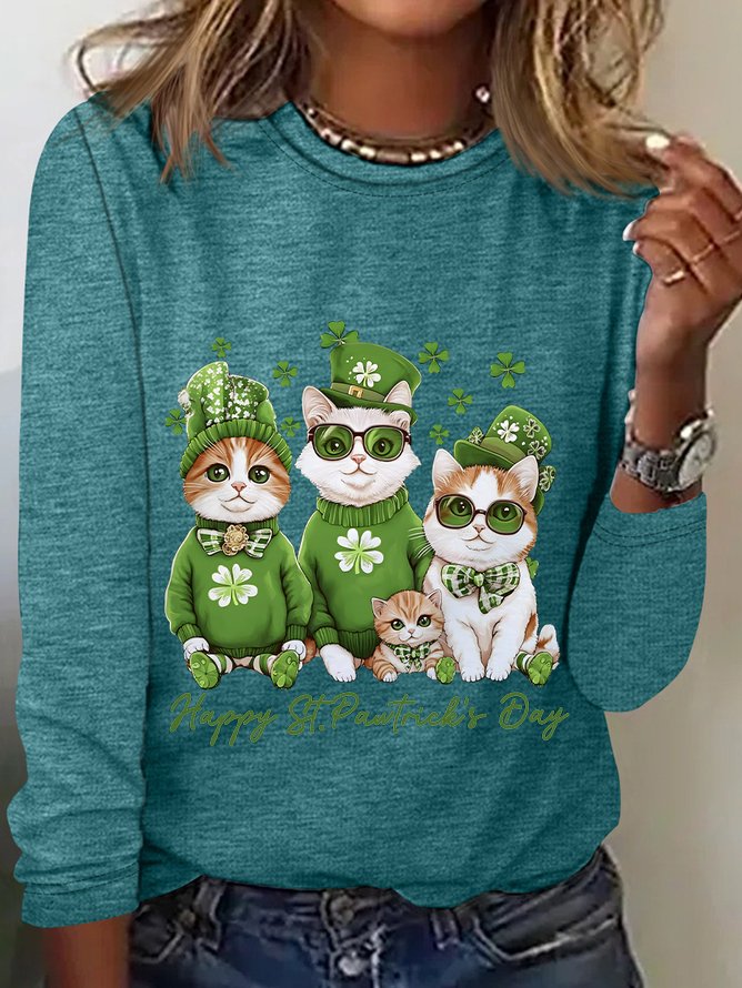 St. Patrick's Day Crew Neck Long Sleeve Text Letters Regular Medium Elasticity Loose Blouse For Women