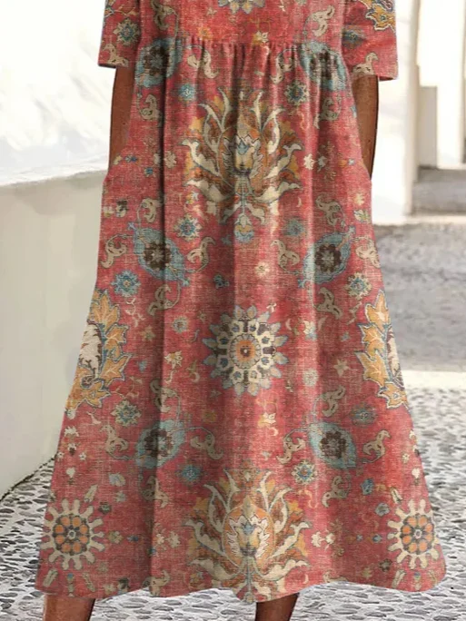 Women Floral Summer Printing Dress Crew Neck Short Sleeve Shift Dress H-Line Dress