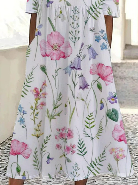 Women Floral Summer Printing Dress Crew Neck Short Sleeve Shift Dress H-Line Dress