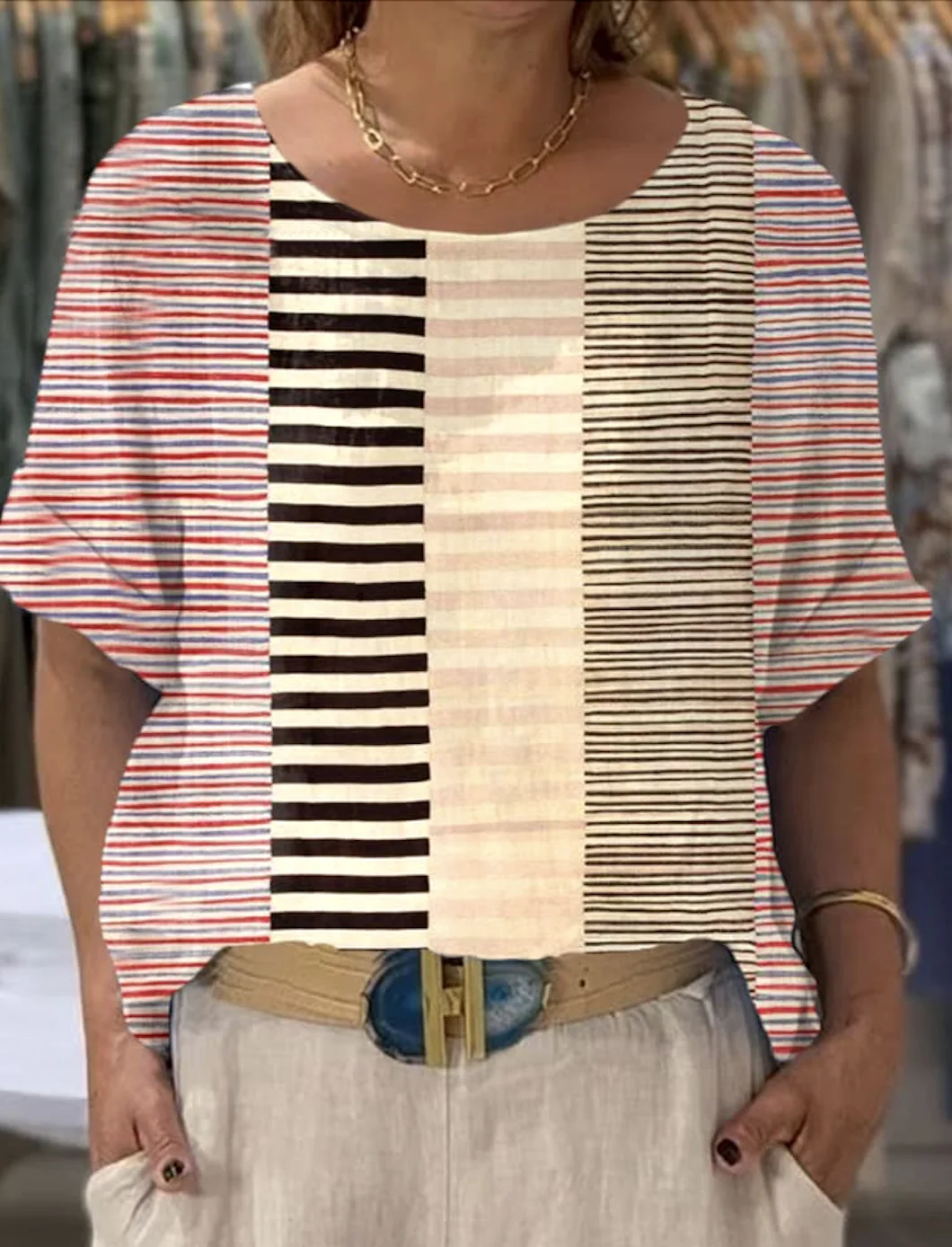 Casual Striped Crew Neck Short Sleeve T-shirt