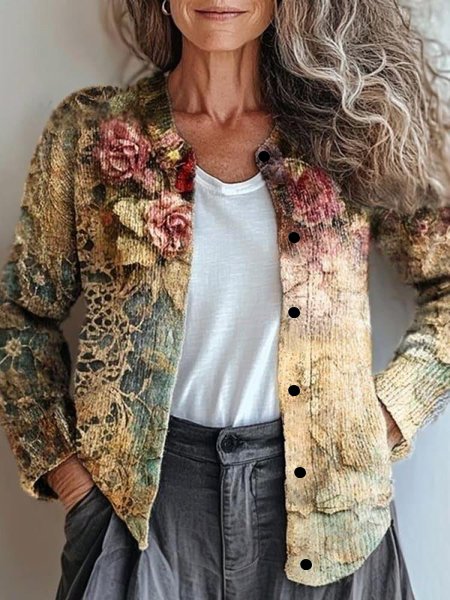 Women Knitted Gradient Pattern Long Sleeve Comfy Vintage Cardigan