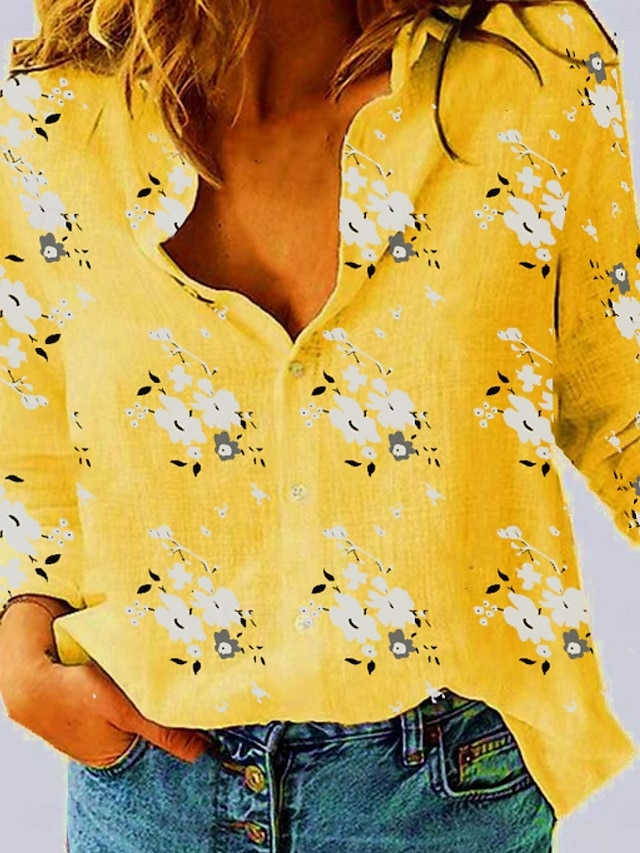 Shirt Collar Long Sleeve Floral Regular Micro-Elasticity Regular Fit Shirt For Women