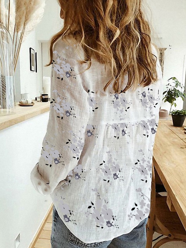 Shirt Collar Long Sleeve Floral Regular Micro-Elasticity Regular Fit Shirt For Women