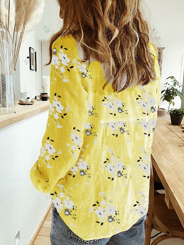 Shirt Collar Long Sleeve Floral Regular Micro-Elasticity Regular Fit Shirt For Women