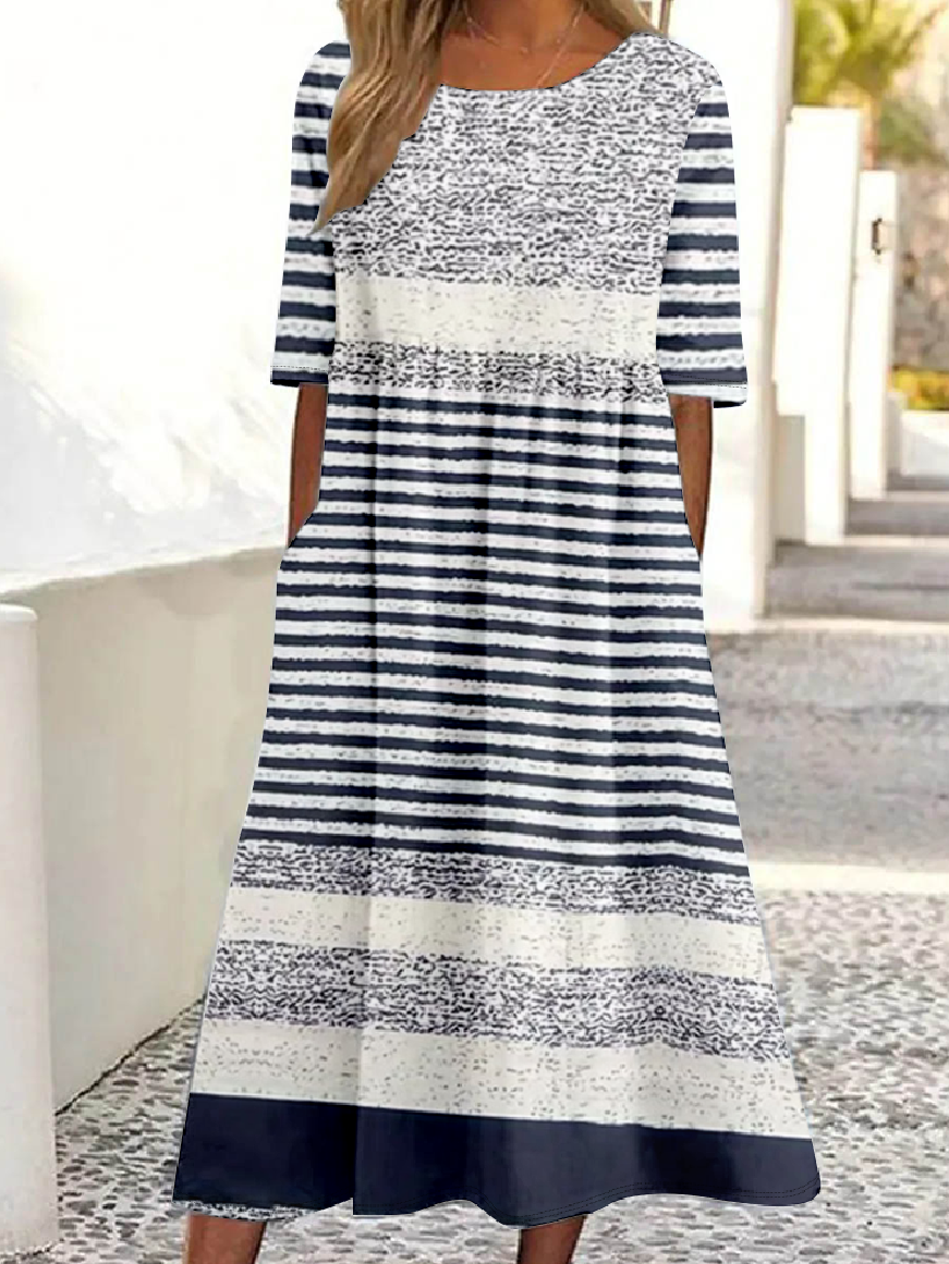 Women Striped Crew Neck Half Sleeve Comfy Vintage Maxi Dress