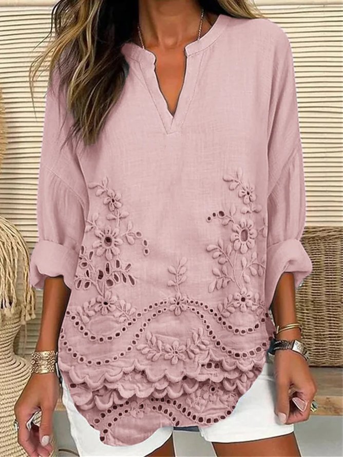 V Neck Long Sleeve Floral Regular Loose Shirt For Women