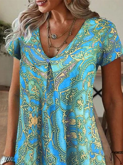 Women Floral Summer Printing Dress V Neck Short Sleeve T-Shirt Dress H-Line Dress