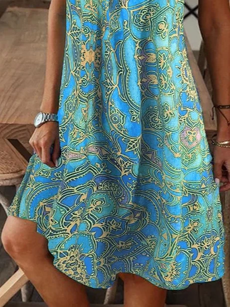 Women Floral Summer Printing Dress V Neck Short Sleeve T-Shirt Dress H-Line Dress