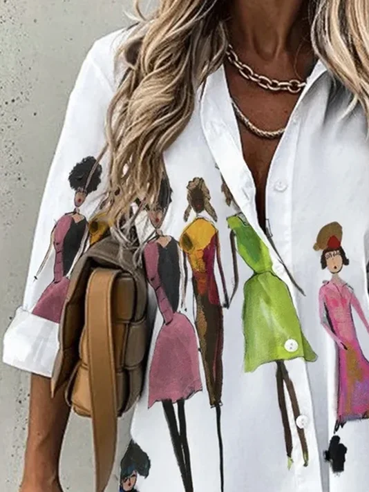 Shirt Collar Long Sleeve Abstract Regular Loose Shirt For Women