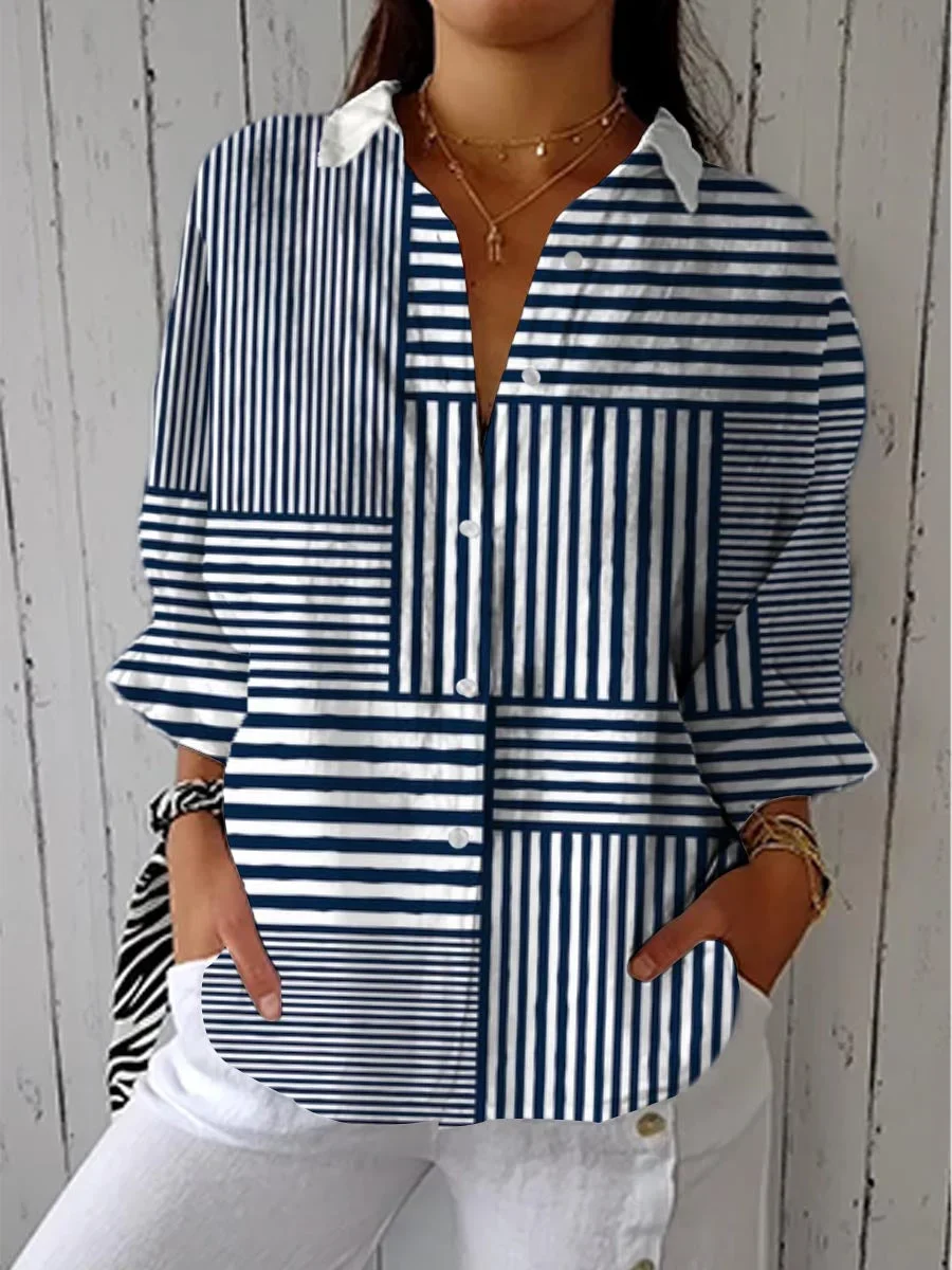 Shirt Collar Three Quarter Sleeve Striped Printing Regular Loose Shirt For Women