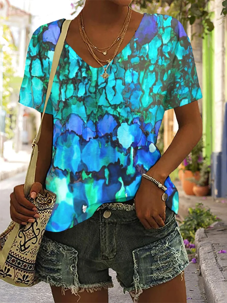 Casual Floral V Neck Short Sleeve T-shirt