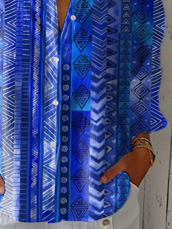 Shirt Collar Three Quarter Sleeve Geometric Printing Regular Loose Shirt For Women