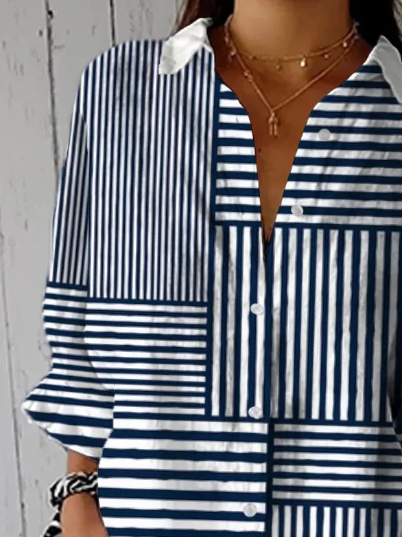 Shirt Collar Three Quarter Sleeve Striped Printing Regular Loose Shirt For Women