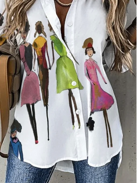 Shirt Collar Long Sleeve Abstract Regular Loose Shirt For Women