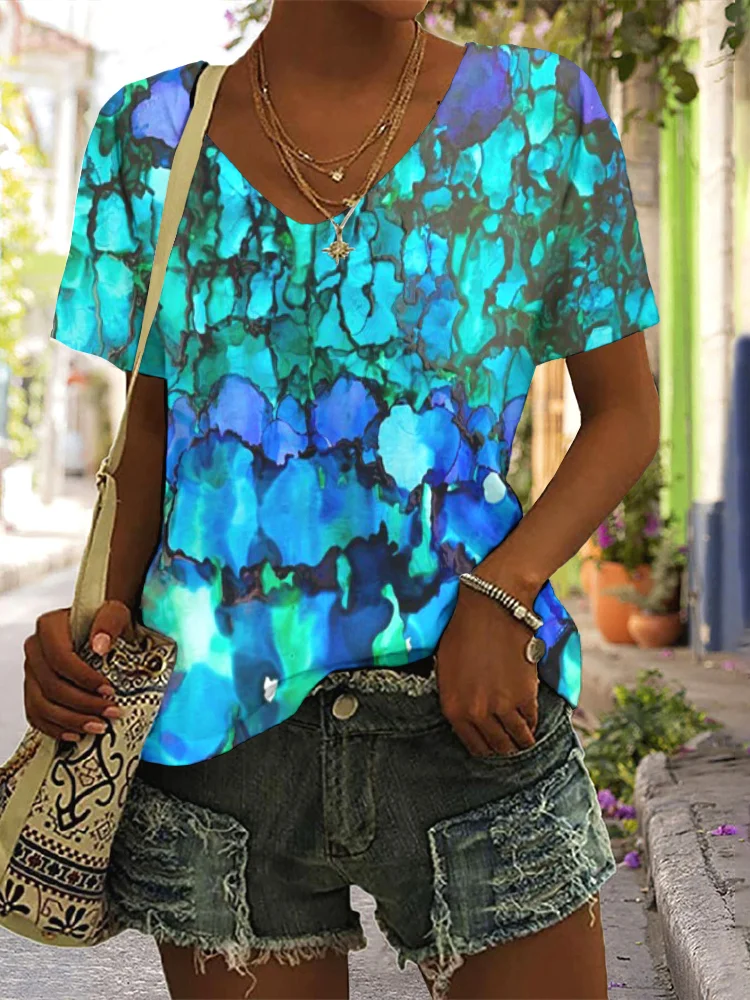 Casual Floral V Neck Short Sleeve T-shirt