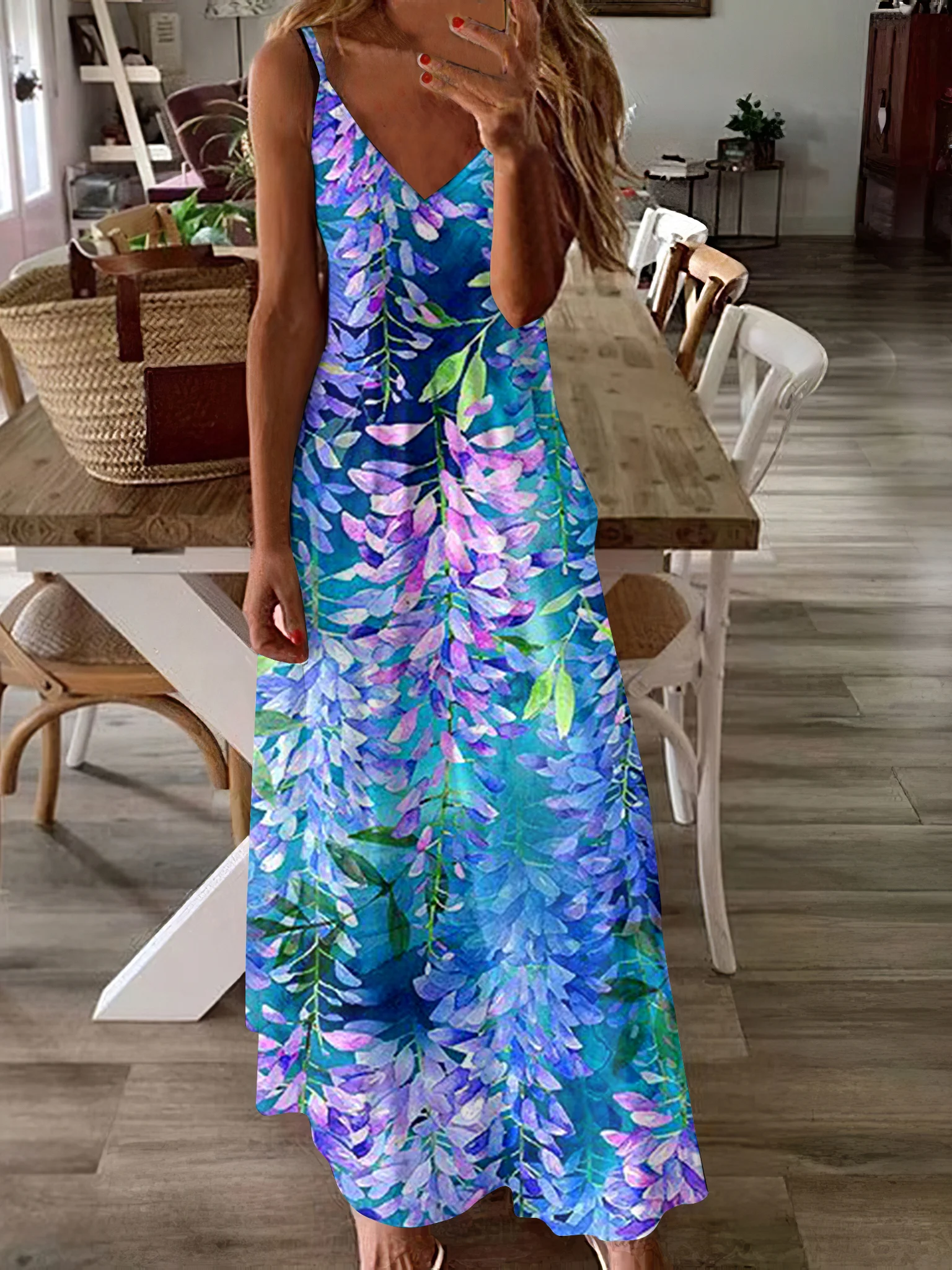 Women Floral Spaghetti Sleeveless Comfy Casual Maxi Dress