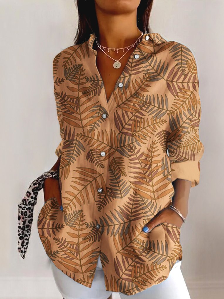 V Neck Long Sleeve Geometric Regular Micro-Elasticity Regular Fit Shirt For Women