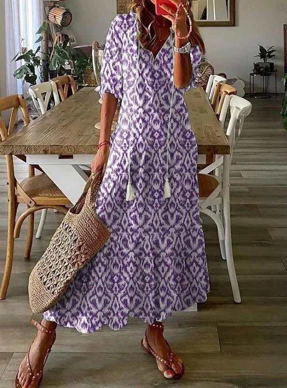 Women Geometric Summer Dress V Neck Half Sleeve Shirt Dress A-Line Dress