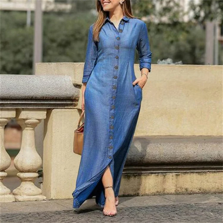 Women Plain Spring/Fall Dress Stand Collar Long Sleeve Shirt Dress H-Line Dress