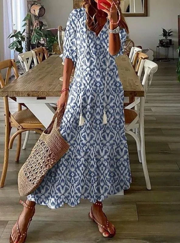 Women Geometric Summer Dress V Neck Half Sleeve Shirt Dress A-Line Dress