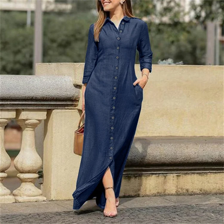 Women Plain Spring/Fall Dress Stand Collar Long Sleeve Shirt Dress H-Line Dress