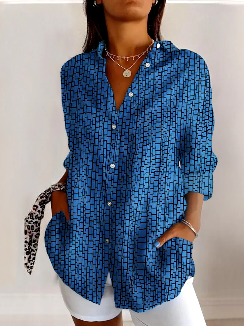 V Neck Long Sleeve Geometric Regular Micro-Elasticity Regular Fit Shirt For Women