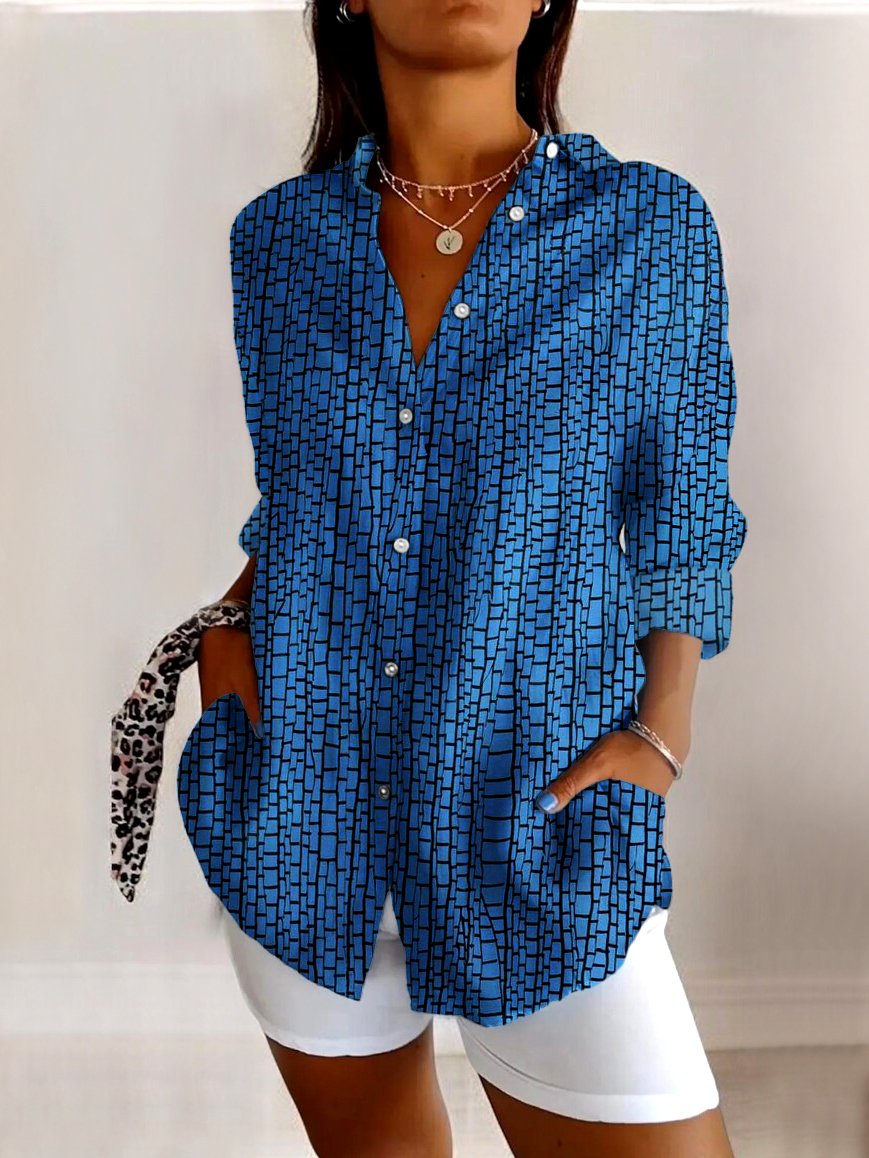 V Neck Long Sleeve Geometric Regular Micro-Elasticity Regular Fit Shirt For Women