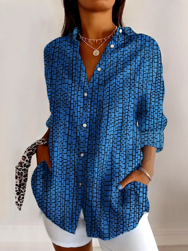 V Neck Long Sleeve Geometric Regular Micro-Elasticity Regular Fit Shirt For Women