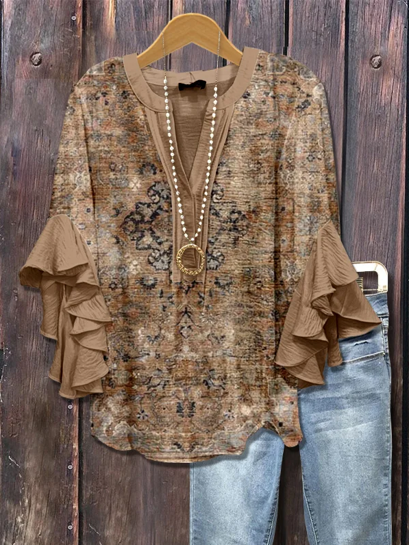 V Neck Half Sleeve Floral Printing Regular Loose Shirt For Women