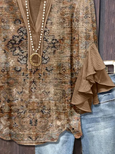 V Neck Half Sleeve Floral Printing Regular Loose Shirt For Women