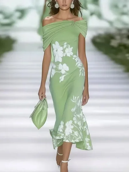 Women Floral Summer Printing Dress Cold Shoulder Cap Sleeve H-Line Dress