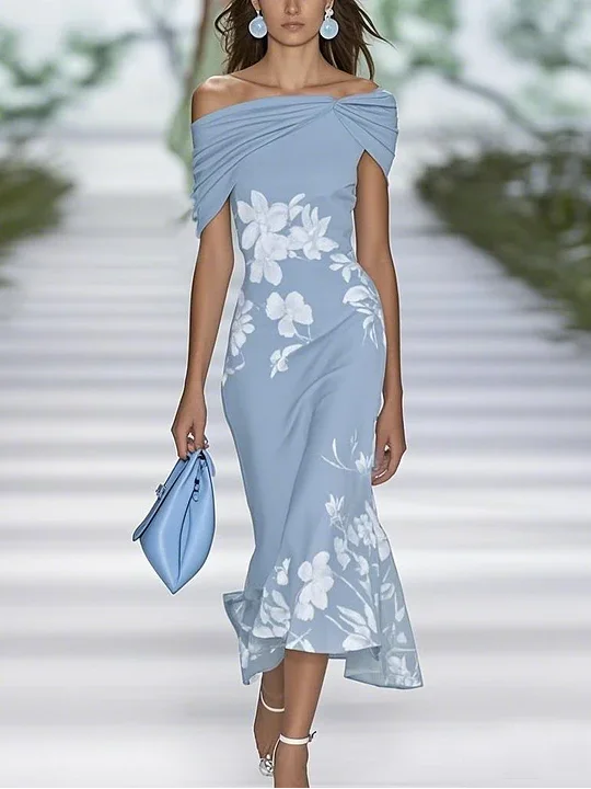 Women Floral Summer Printing Dress Cold Shoulder Cap Sleeve H-Line Dress