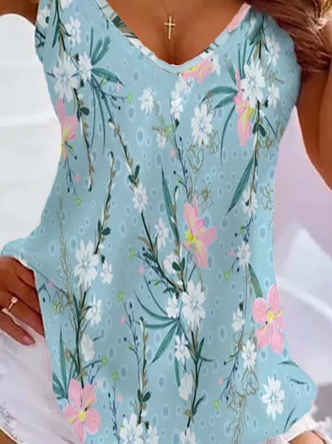 Casual Floral V Neck Sleeveless T-shirt